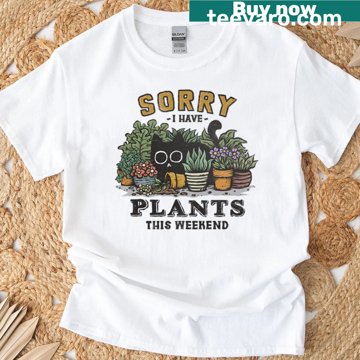 Playful t-shirt featuring text about having plants to care for — on a men's t-shirt