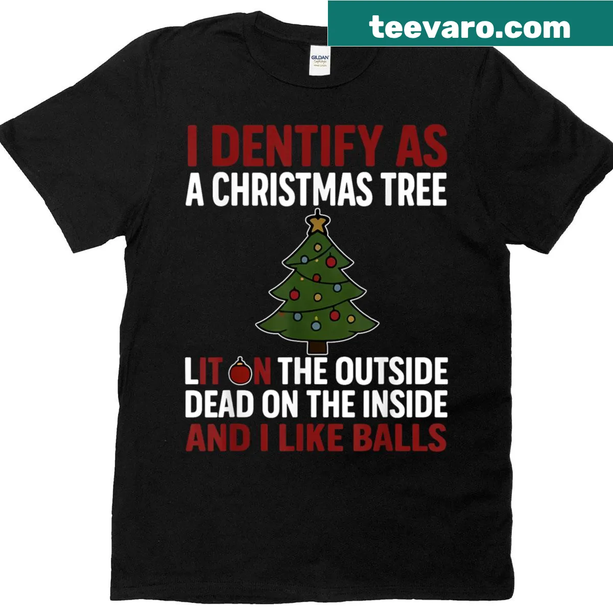 Humorous Christmas tree identification t-shirt — on a men's t-shirt