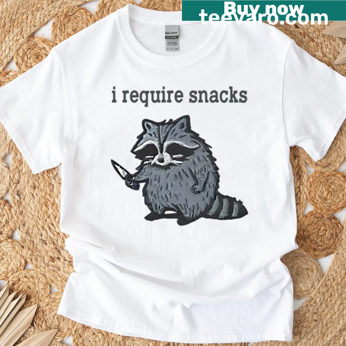 Embroidered raccoon t-shirt with humorous text about snacks — on a men's t-shirt