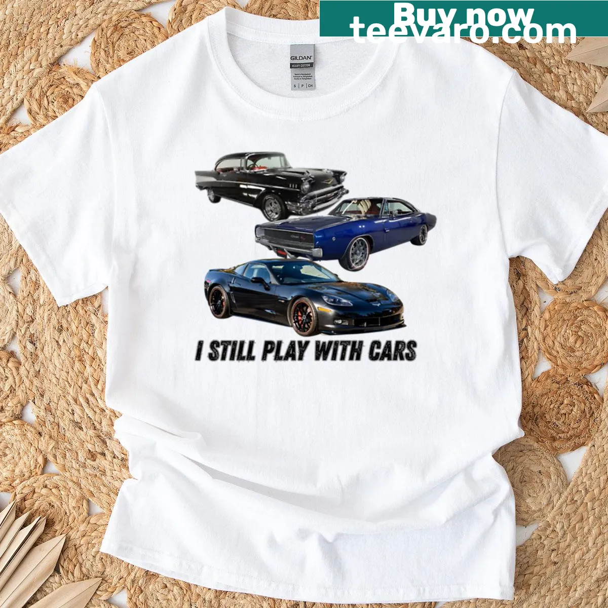Vintage-style t-shirt with the phrase 'I Still Play With Cars'. — on a men's t-shirt