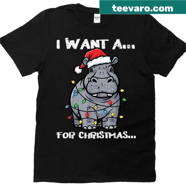 Funny Christmas T-shirt with a hippo in a Santa hat illustration