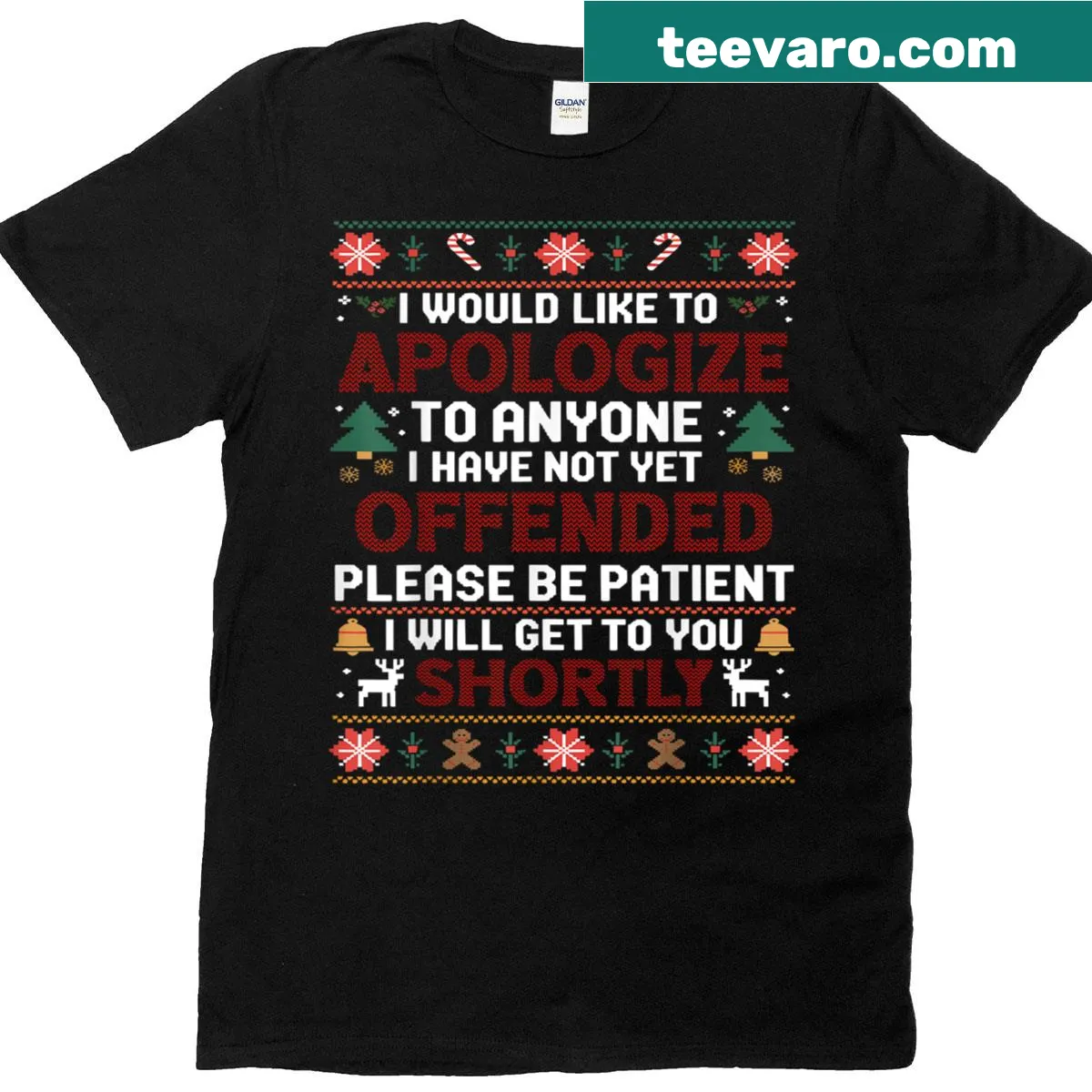 Funny ugly Christmas t-shirt with humorous apology text — on a men's t-shirt