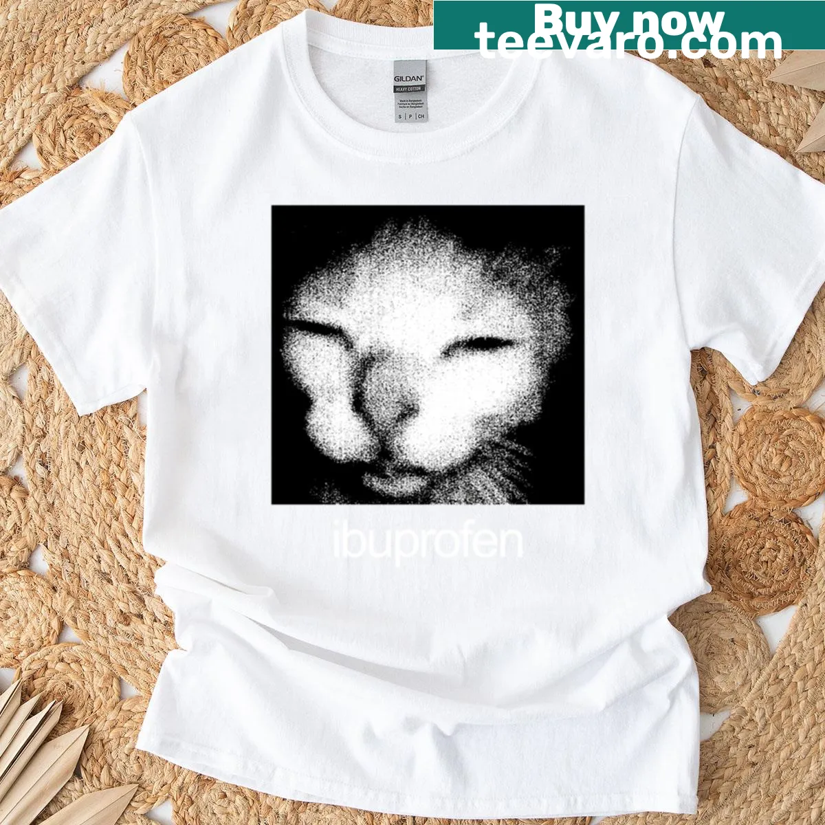 Funny cat meme t-shirt featuring a cat and ibuprofen text — on a men's t-shirt