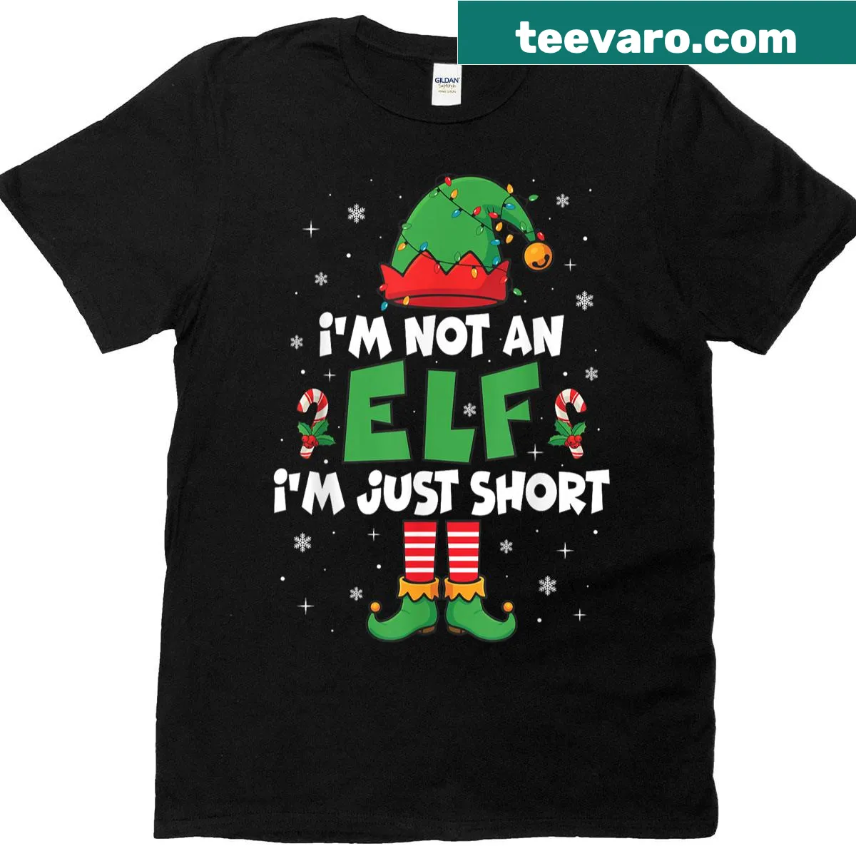 Funny Christmas t-shirt with text about being short instead of an elf — on a men's t-shirt