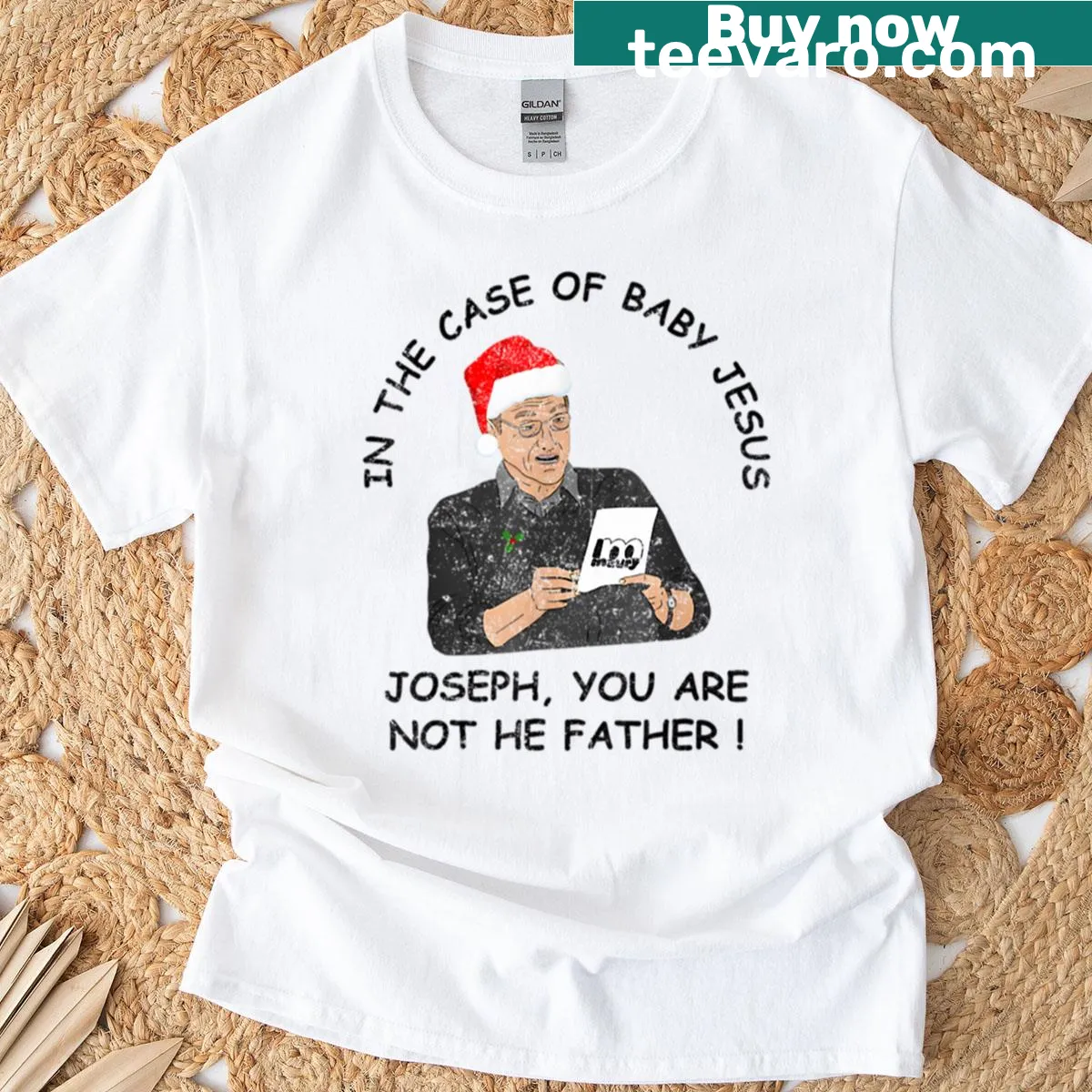 Sarcastic t-shirt with biblical reference about Baby Jesus — on a men's t-shirt