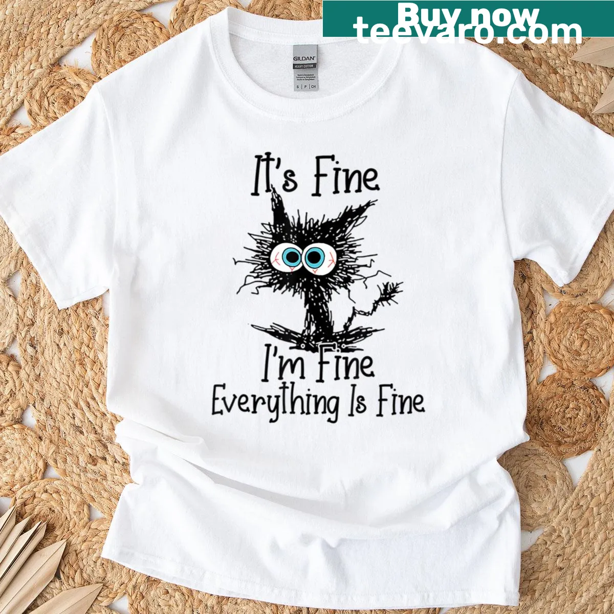 Funny cat t-shirt with the phrase 'It's Fine I'm Fine Everything Is Fine.' — on a men's t-shirt