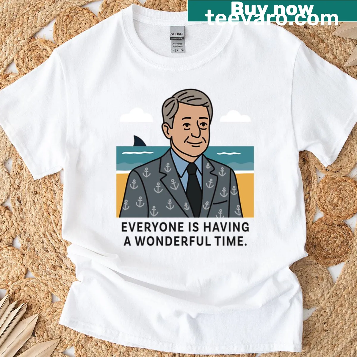 Jaws-themed t-shirt with humorous text and illustration — on a men's t-shirt