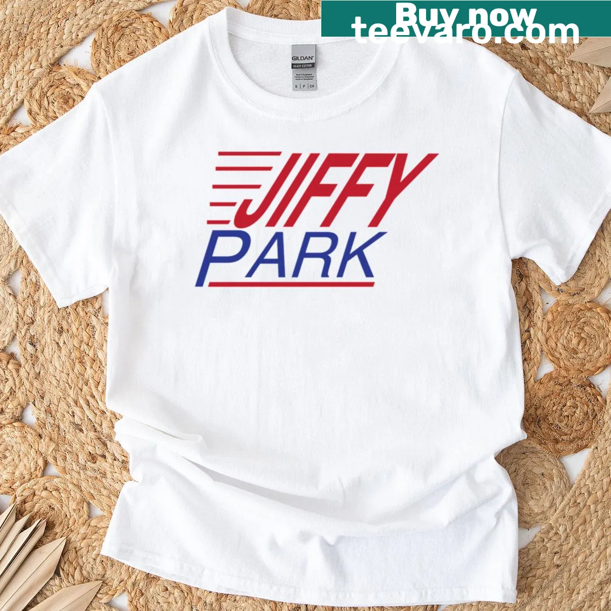 Retro-style t-shirt featuring Jiffy Park theme — on a men's t-shirt