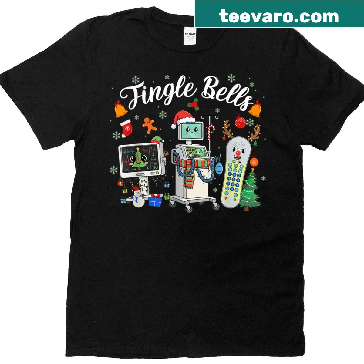 Funny Christmas nursing t-shirt with 'Jingle Bells Er Nurse' design — on a men's t-shirt