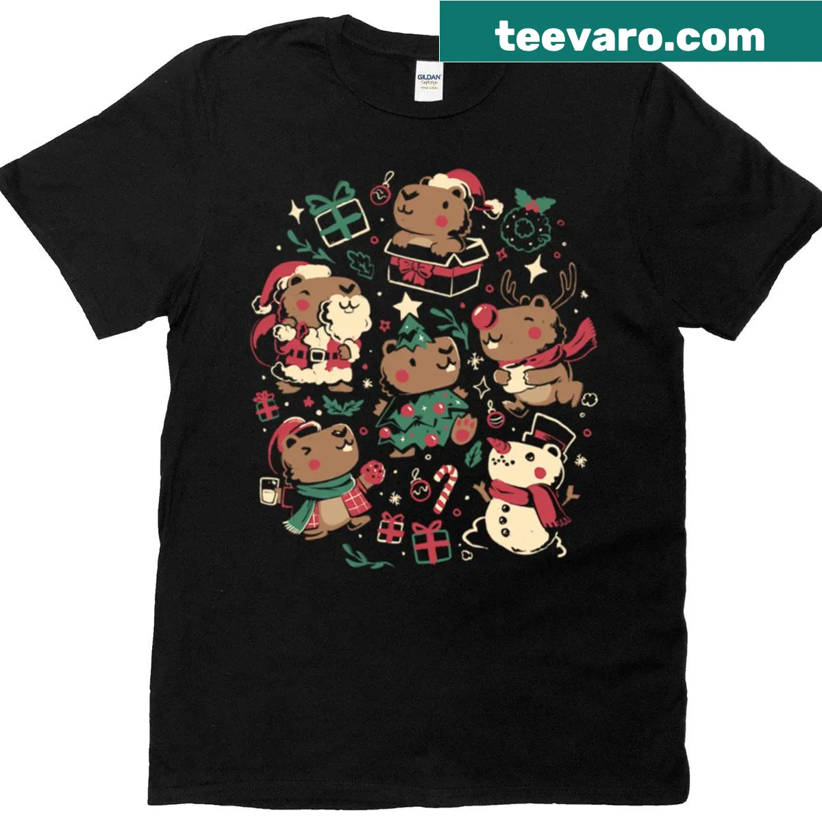T-shirt featuring a playful cartoon graphic of cheerful capybaras. — on a men's t-shirt