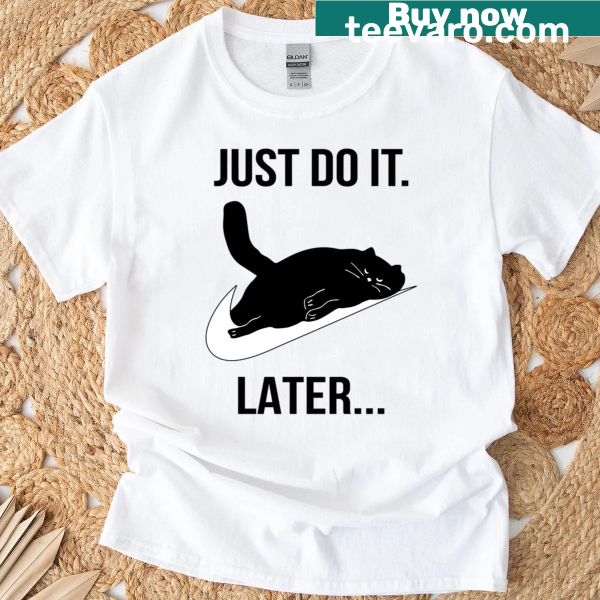 Playful t-shirt with the phrase Just Do It Later and a black cat — on a men's t-shirt