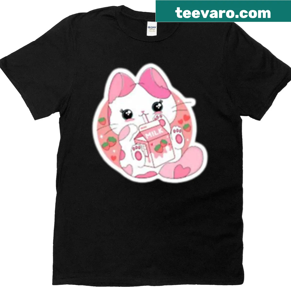 Kawaii T-shirt featuring an adorable cat drinking strawberry milk. — on a men's t-shirt