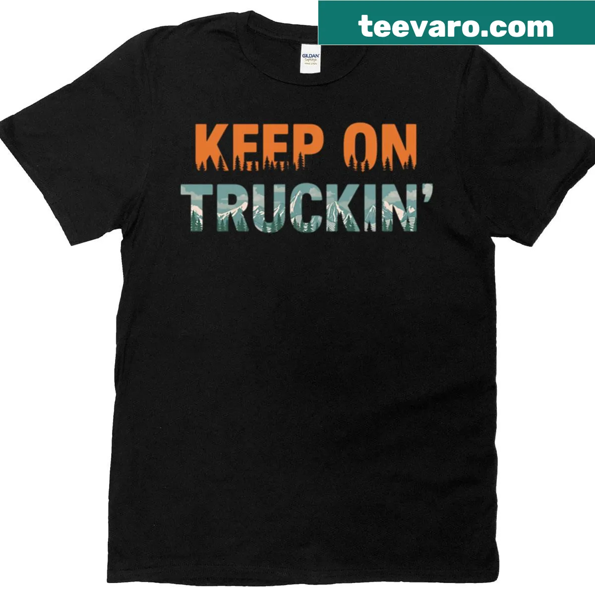 Bold typography t-shirt with the message 'Keep On Trucking' — on a men's t-shirt