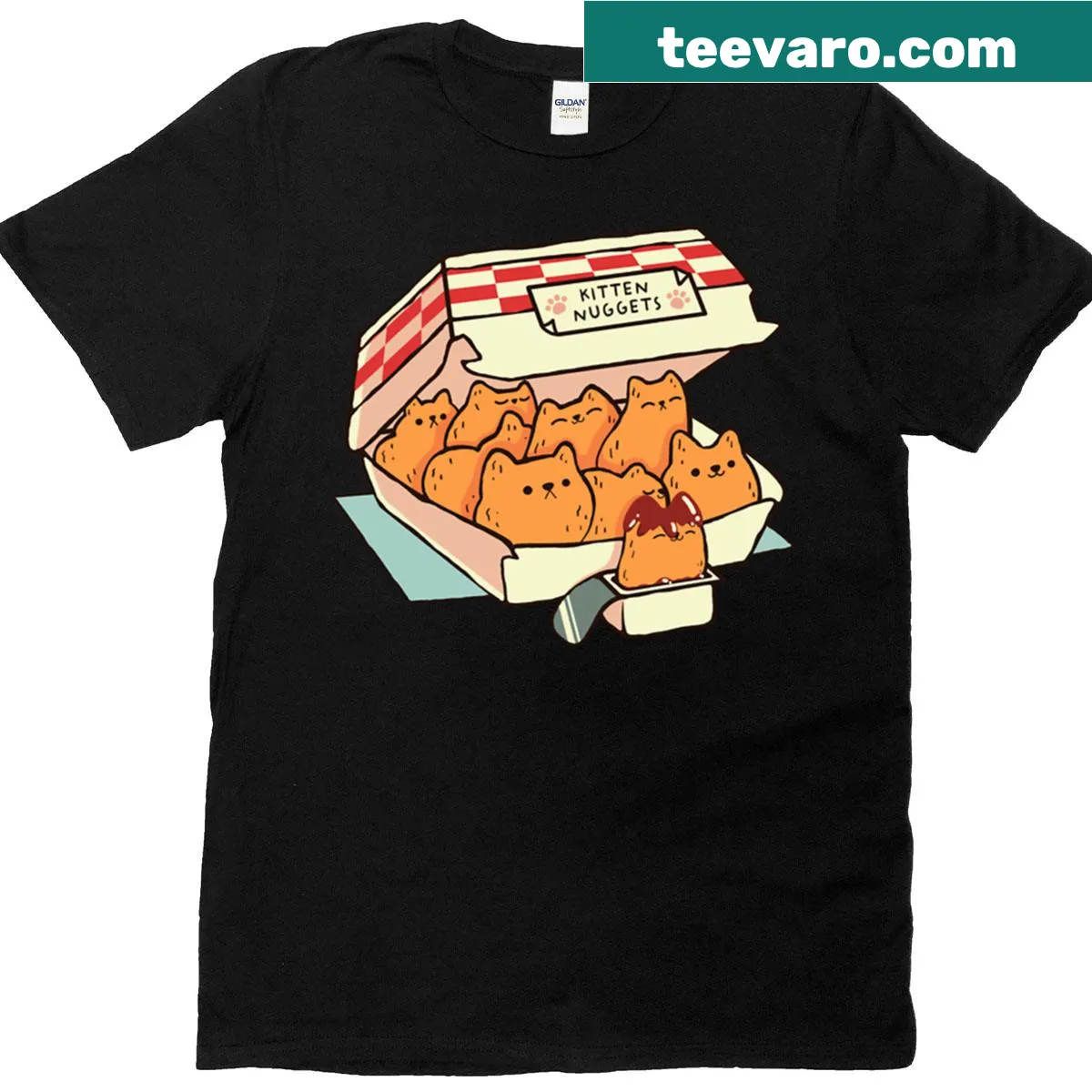 Cartoon cat enjoying 'Kitten Nuggets' in a humorous graphic design — on a men's t-shirt
