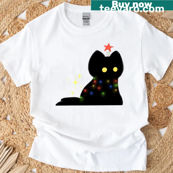 Whimsical cat nestled in a stylized tree illustration on t-shirt