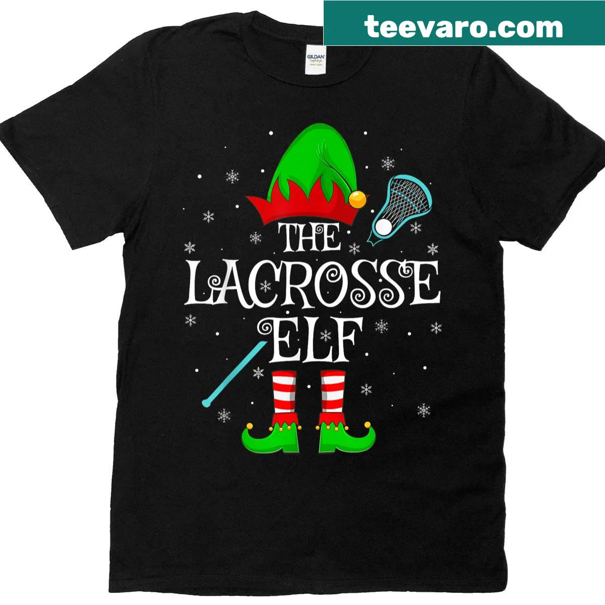 Playful Lacrosse Elf T-shirt for Christmas with a sports theme — on a men's t-shirt