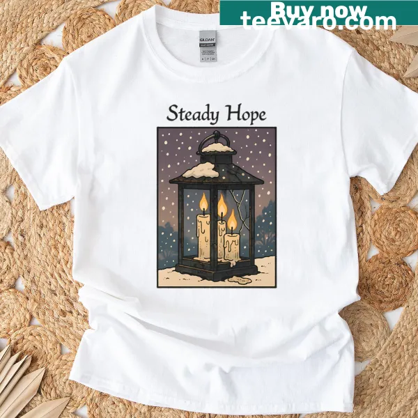 Winter-themed t-shirt with lanterns and candles illustration