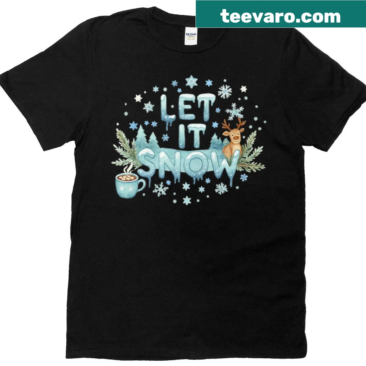 Whimsical T-shirt with reindeer and hot cocoa design for winter — on a men's t-shirt