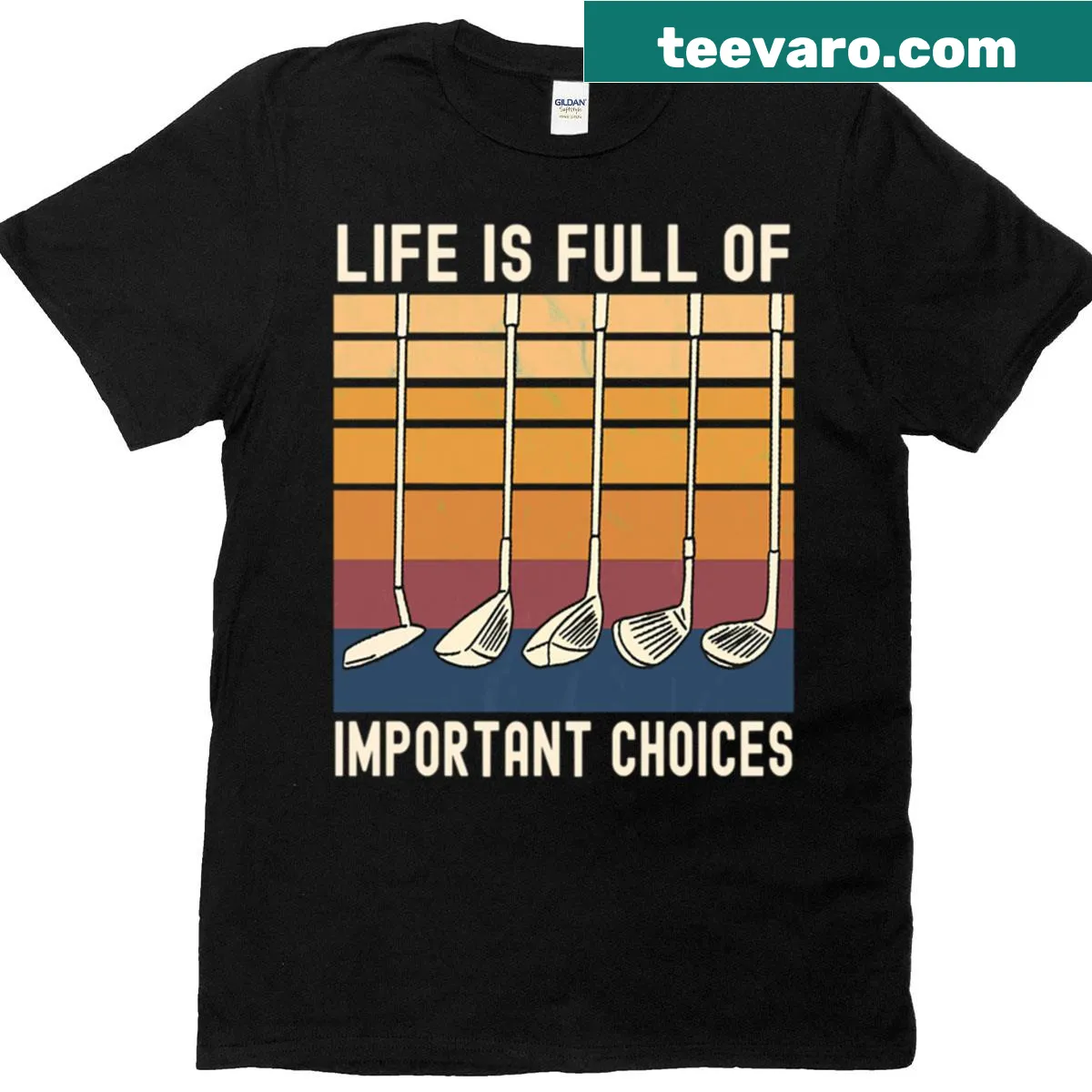 Funny golfer t-shirt with the phrase 'Life Is Full Of Important Choices' — on a men's t-shirt