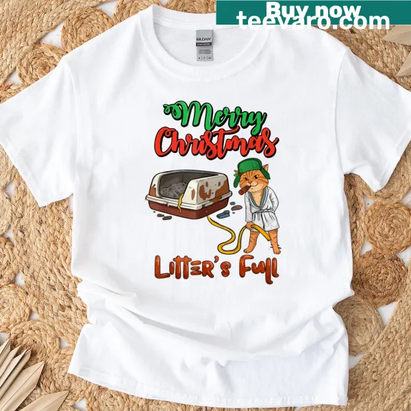 Funny Christmas T-shirt for cat lovers featuring 'Litter's Full' text
