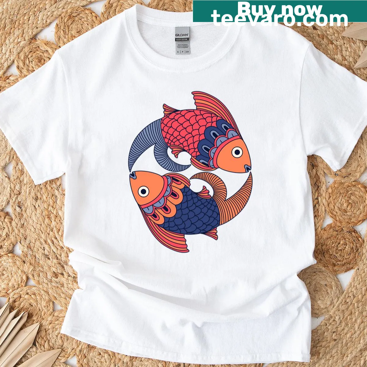 Madhubani style fish illustration on t-shirt — on a men's t-shirt