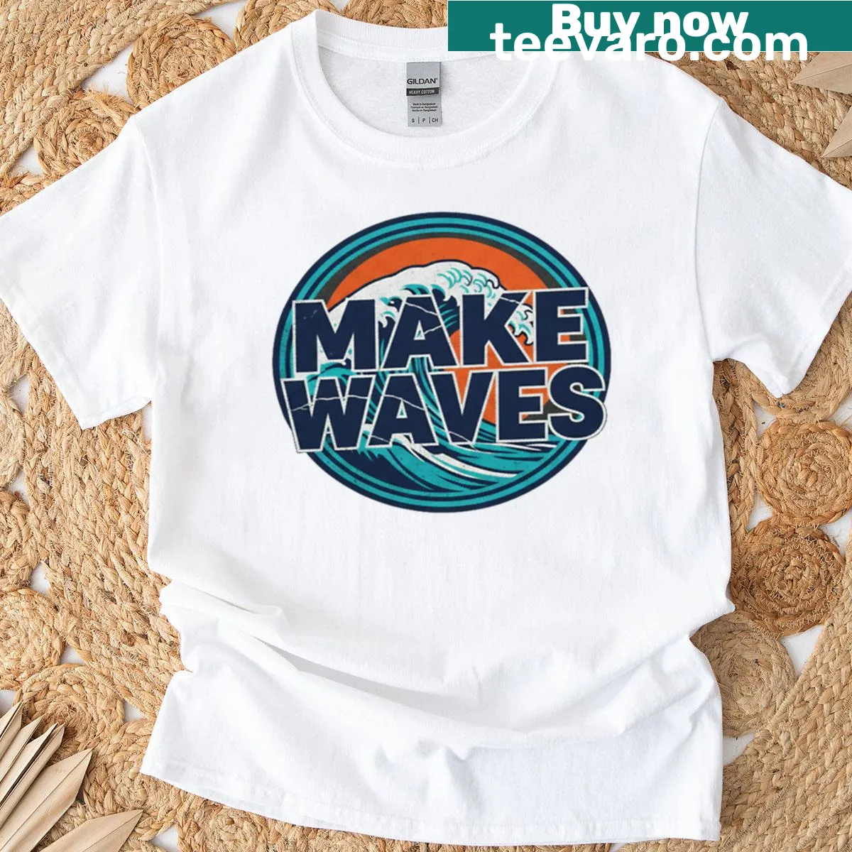 Typography design featuring 'Make Waves' on a surf graphic tee — on a men's t-shirt