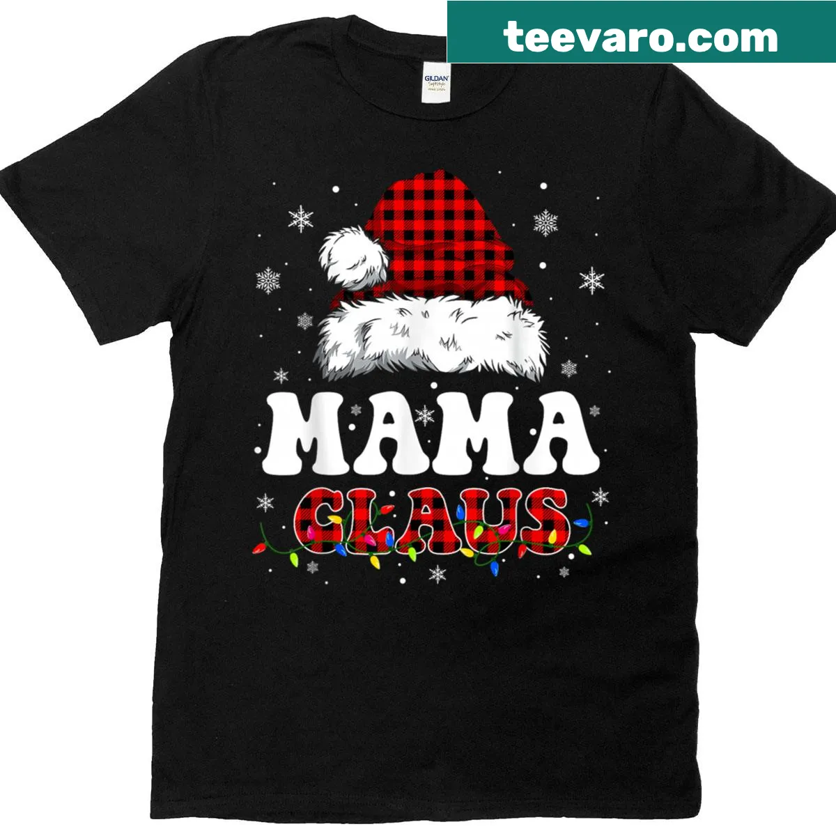 Vintage-style Mama Claus T-shirt with Christmas lights design — on a men's t-shirt