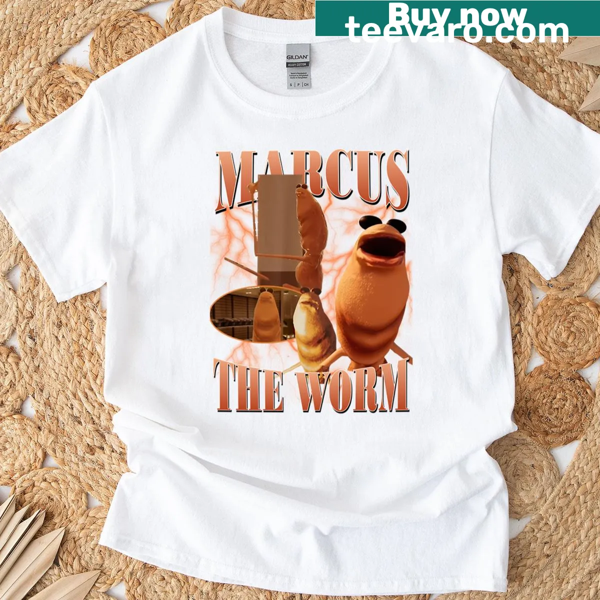 Vintage distressed t-shirt featuring Marcus the Worm design. — on a men's t-shirt