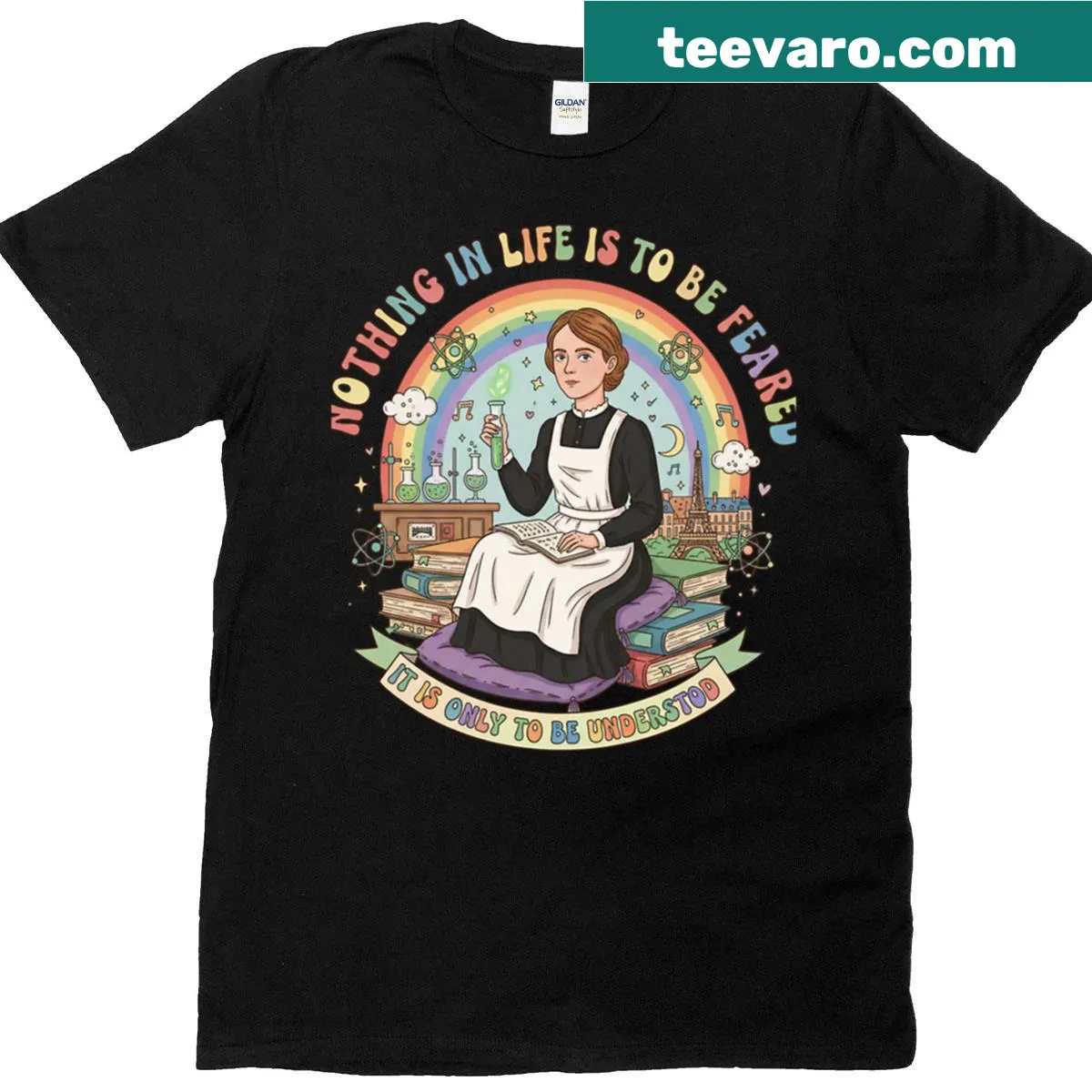 Retro T-shirt displaying Marie Curie's inspirational science quote in groovy typography. — on a men's t-shirt