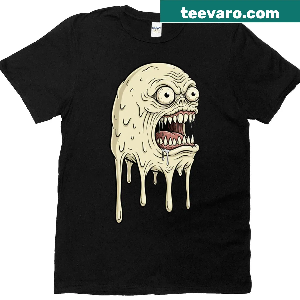Horror-themed T-shirt with a melting creature design — on a men's t-shirt
