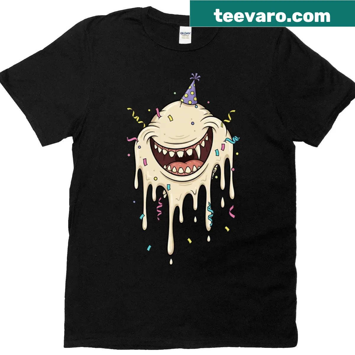 Cartoon melting monster with party hat graphic T-shirt — on a men's t-shirt
