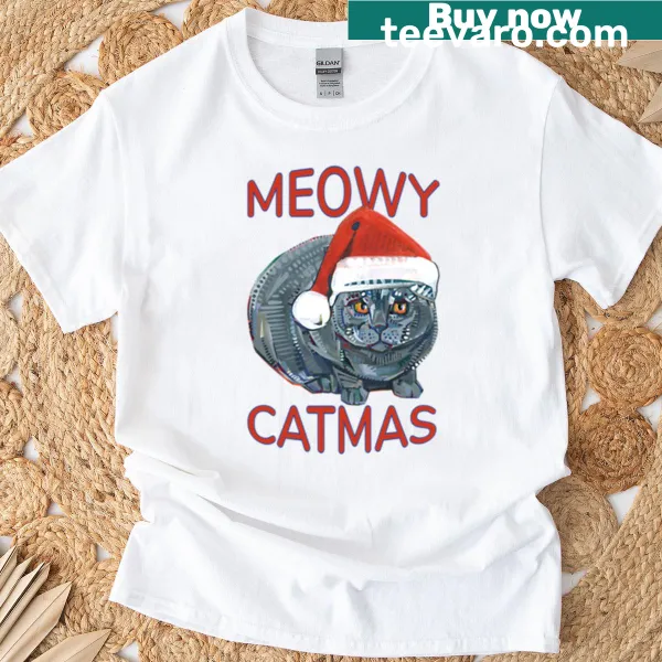 Festive 'Meowy Catmas' graphic with cat illustration on T-shirt