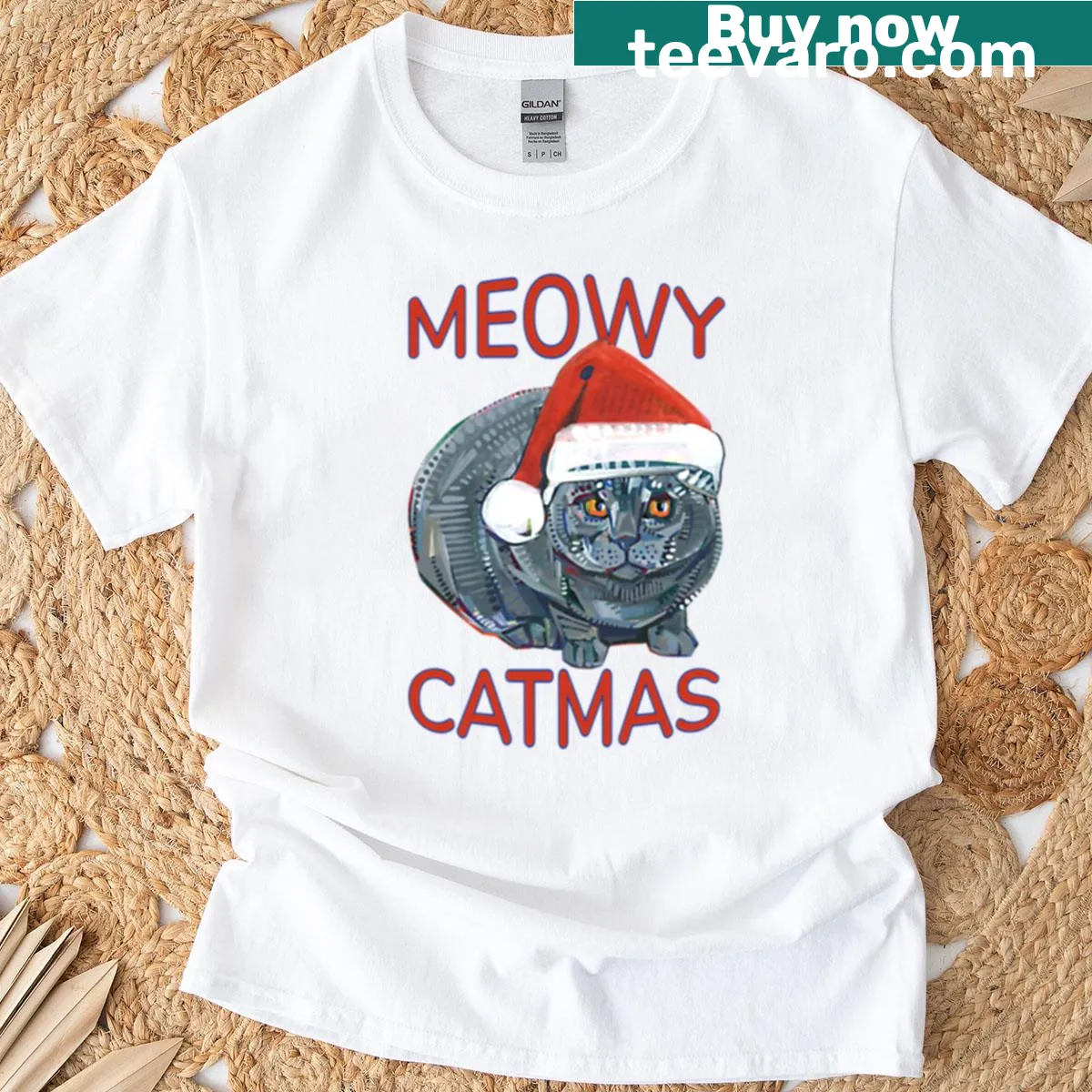 Festive 'Meowy Catmas' graphic with cat illustration on T-shirt — on a men's t-shirt