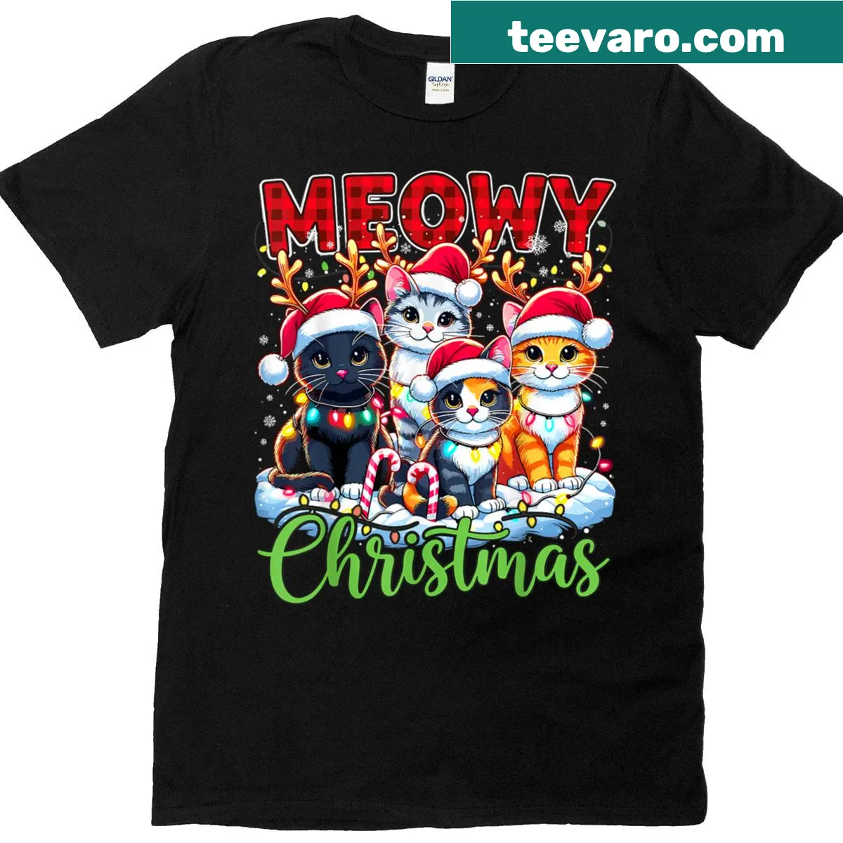 Cat as Santa with reindeer and Christmas lights graphic on shirt — on a men's t-shirt