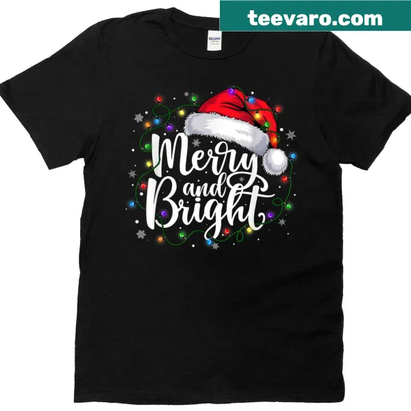 Christmas lights and Santa hat graphic on a festive t-shirt