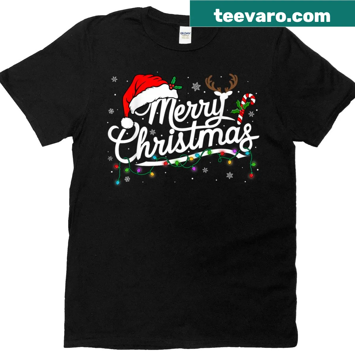 Family matching t-shirt with Santa hat and reindeer for Christmas 2025 — on a men's t-shirt