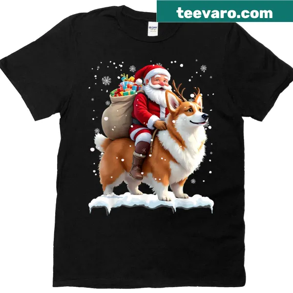 Santa riding a corgi graphic on a Christmas t-shirt