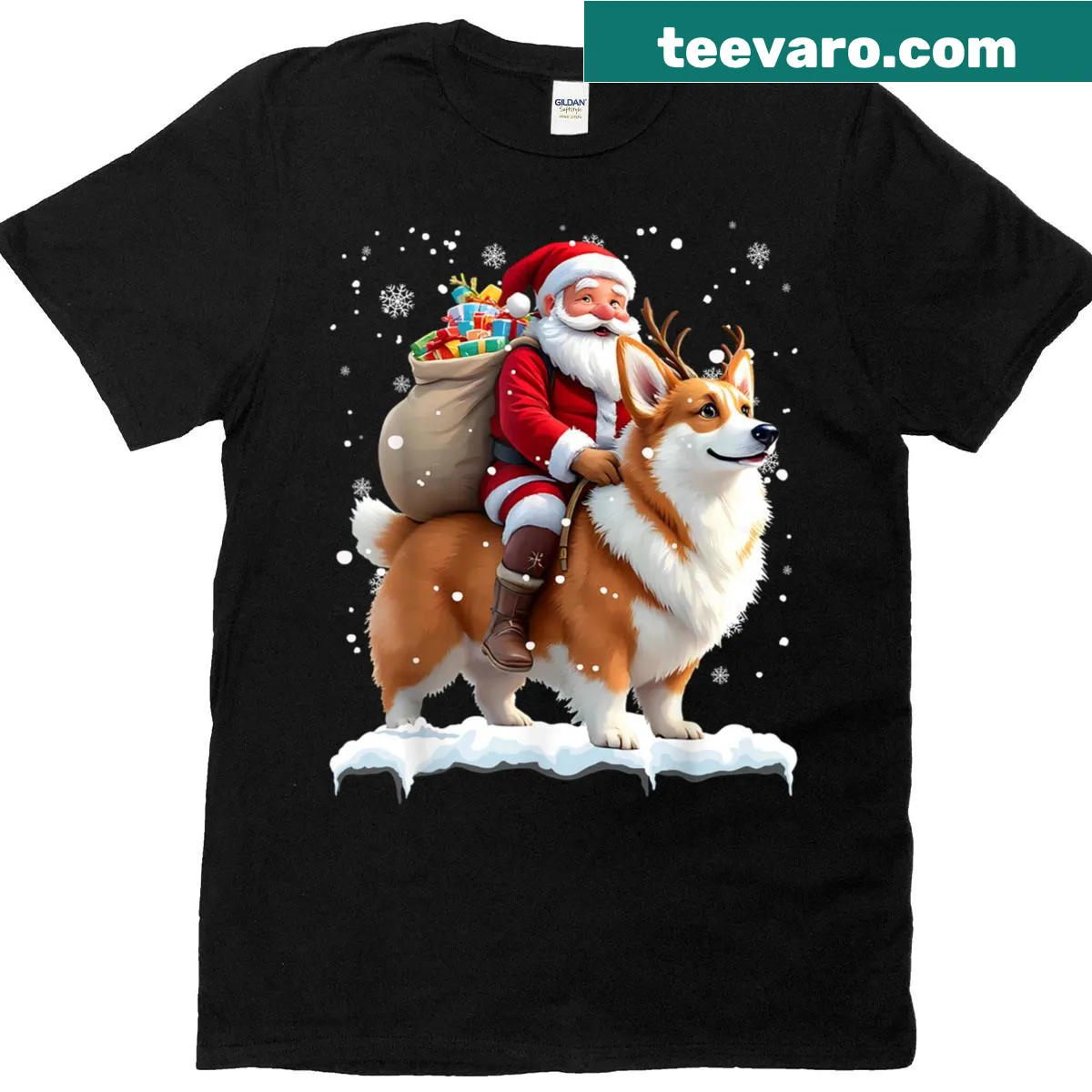 Santa riding a corgi graphic on a Christmas t-shirt — on a men's t-shirt