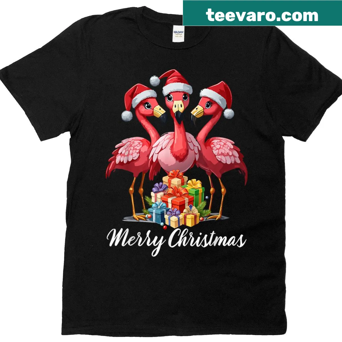 Cute flamingos in Santa hats on a holiday t-shirt — on a men's t-shirt