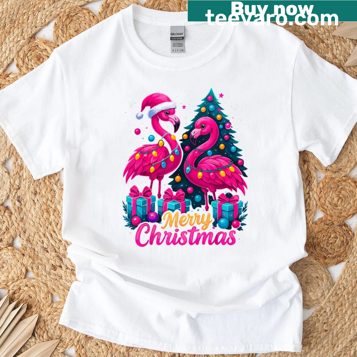 Flamingo dressed for Christmas on a T-shirt — on a men's t-shirt