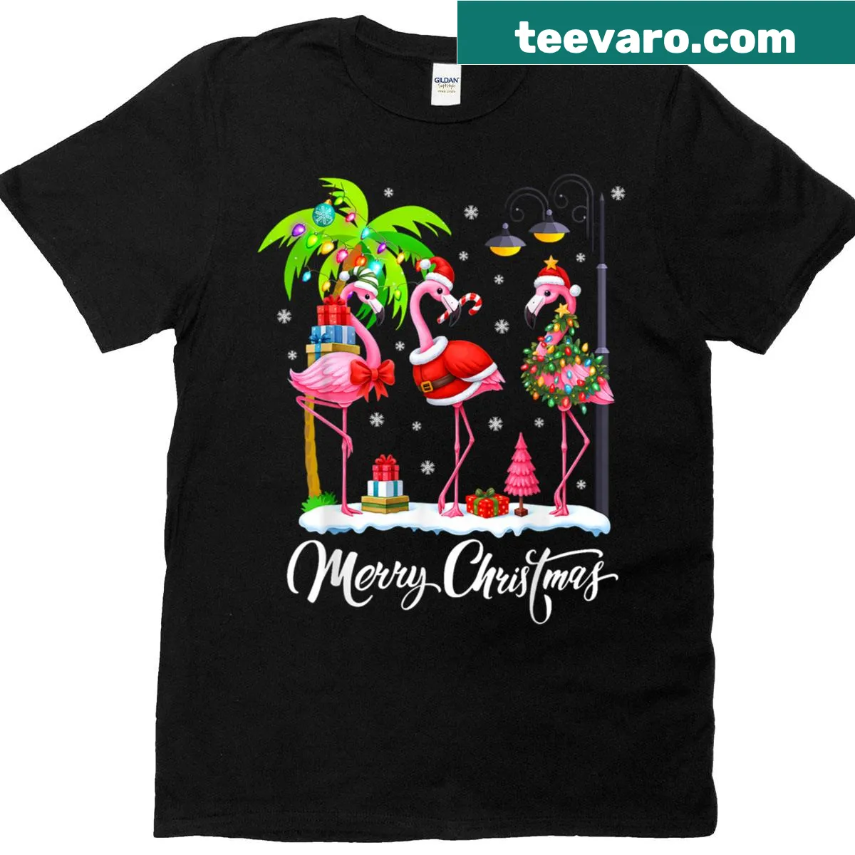Tropical flamingo and palm tree graphic on a Christmas t-shirt — on a men's t-shirt