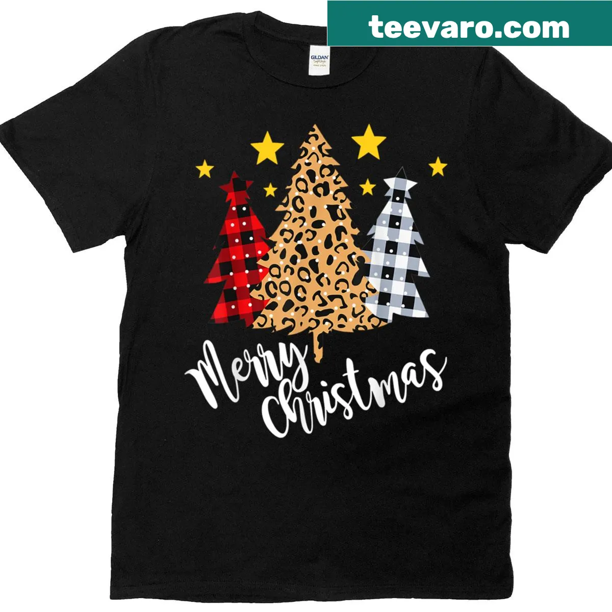 Christmas tree graphic T-shirt with buffalo plaid design — on a men's t-shirt