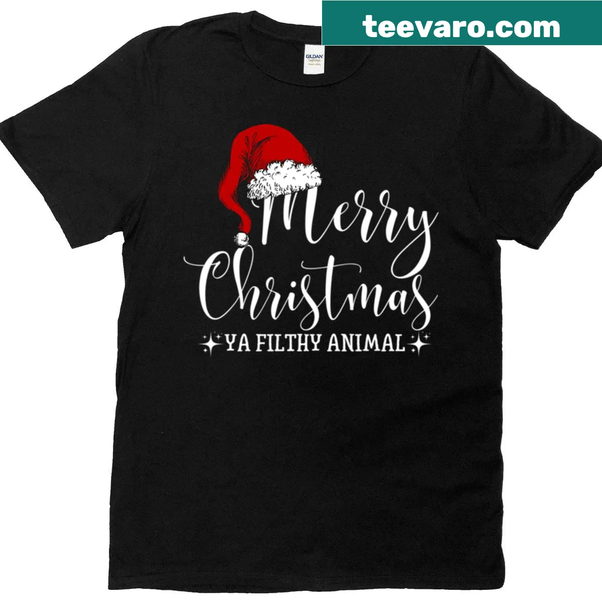 Funny Christmas t-shirt with the phrase Merry Christmas Ya Filthy Animal — on a men's t-shirt