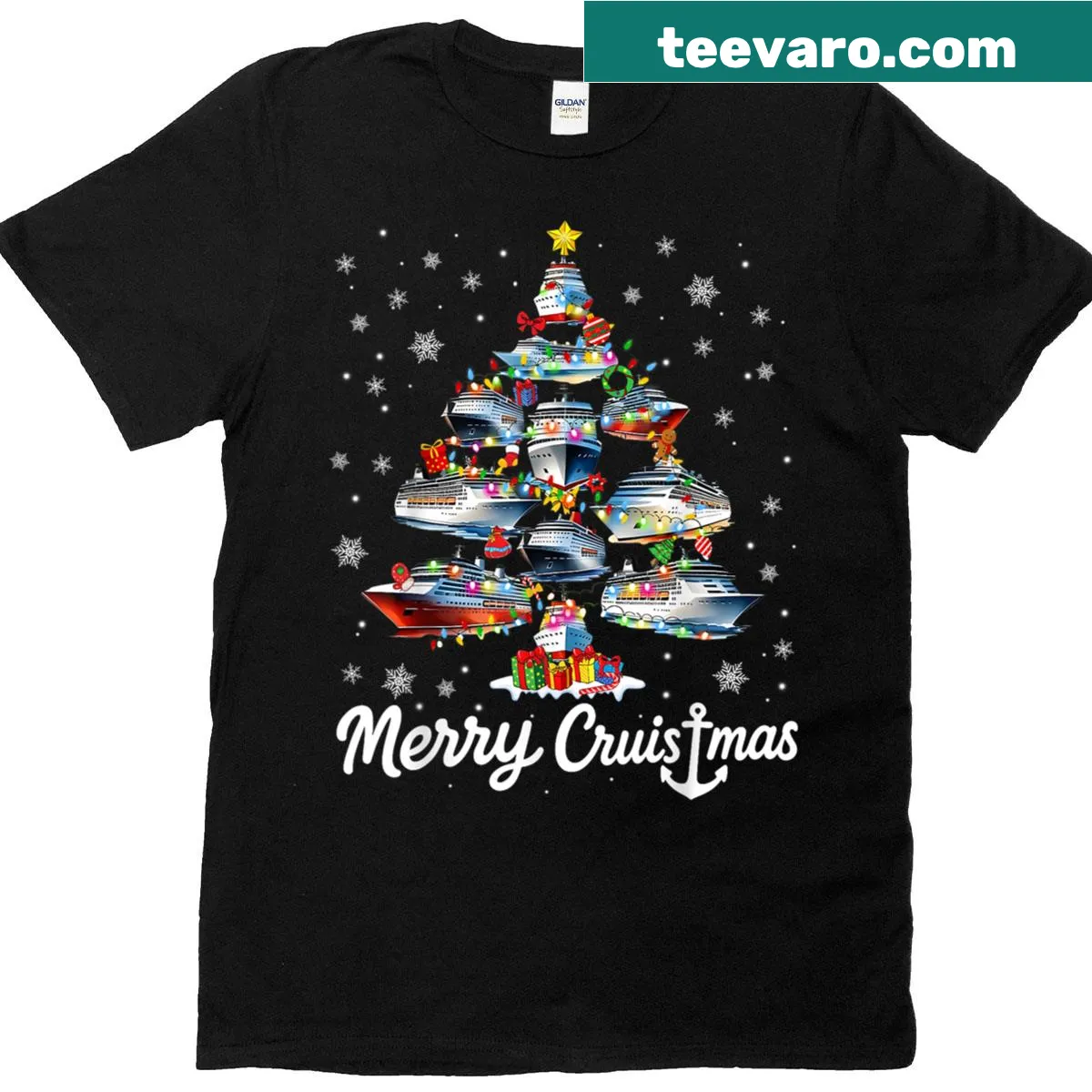 Christmas cruise ship graphic with a tree on a t-shirt — on a men's t-shirt