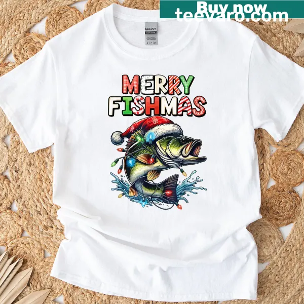 Funny Merry Fishmas t-shirt featuring Santa with fishing gear