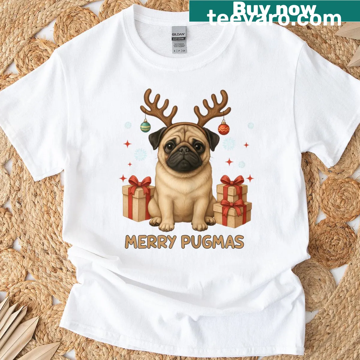 Festive pug graphic on a Merry Pugmas T-shirt — on a men's t-shirt