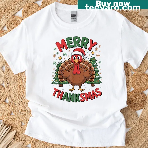 Humorous Thanksgiving and Christmas themed t-shirt with turkey and Christmas tree