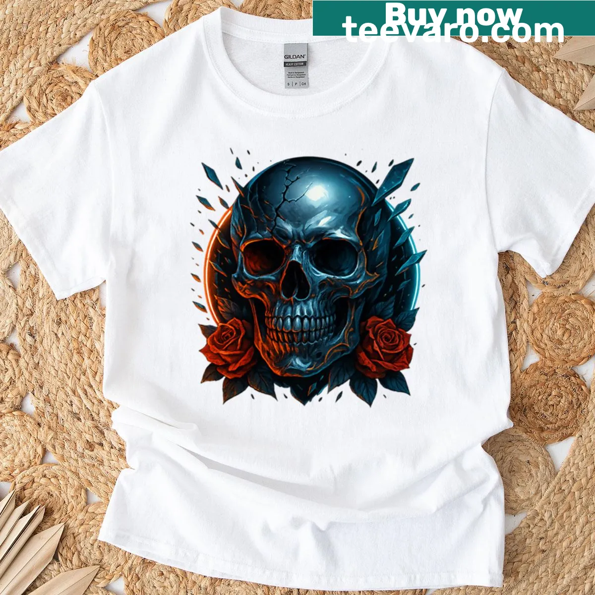 Bold t-shirt featuring a skull with roses and shards — on a men's t-shirt