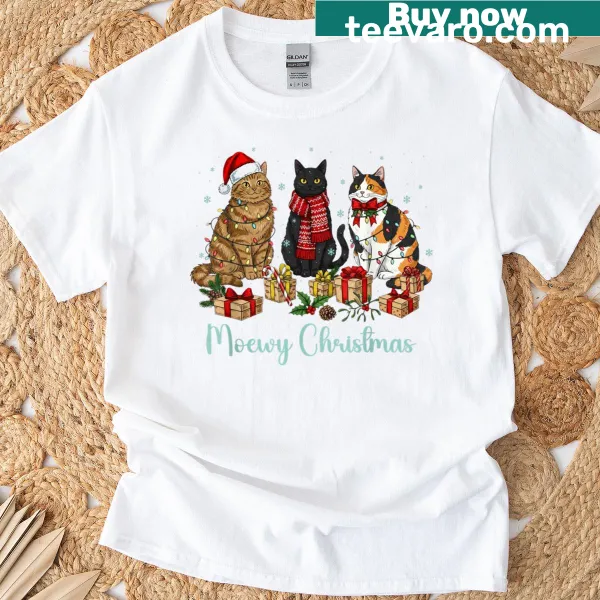 Cute cat in a Santa hat graphic on a Christmas T-shirt
