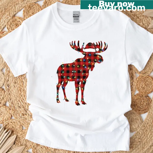 Moose graphic with plaid design on a Christmas t-shirt